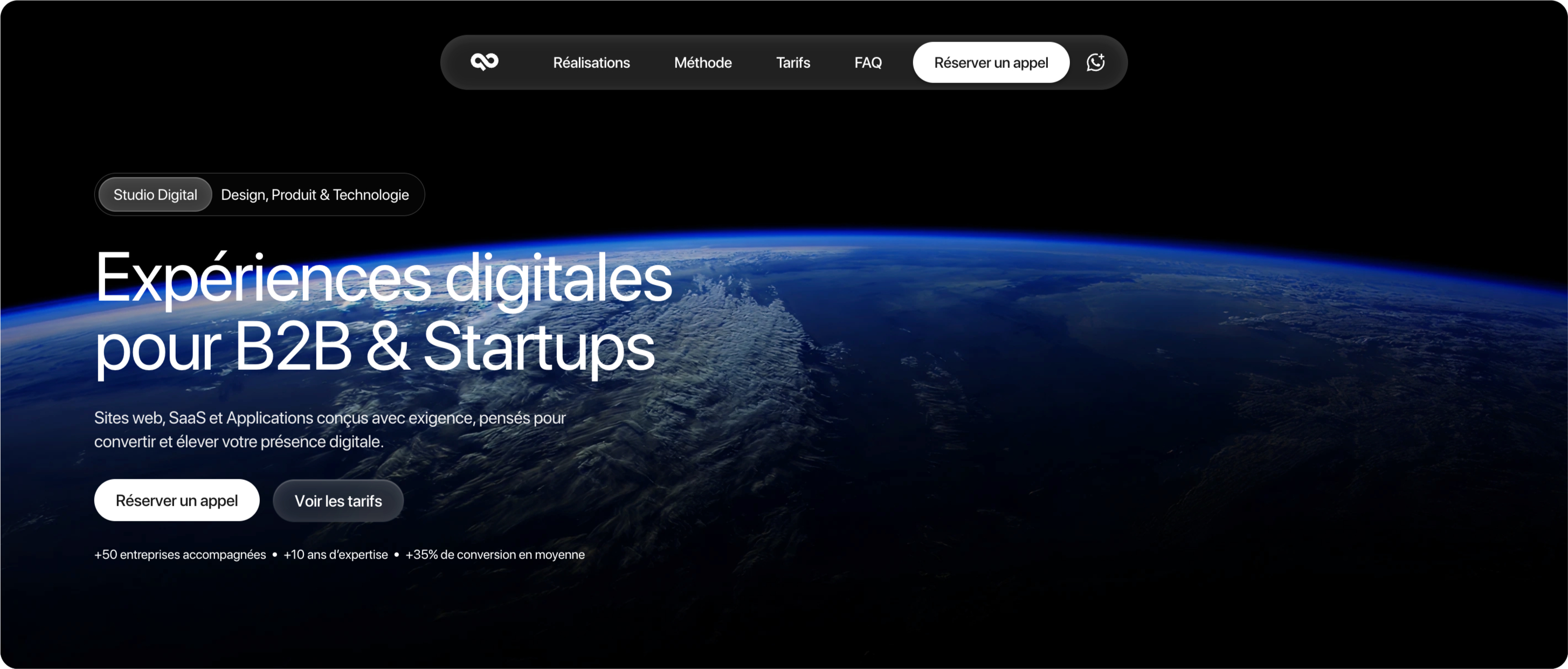 Infinify landing page hero with glass navigation pill, headline over Earth from orbit and booking calls to action, screenshot of the Infinify product