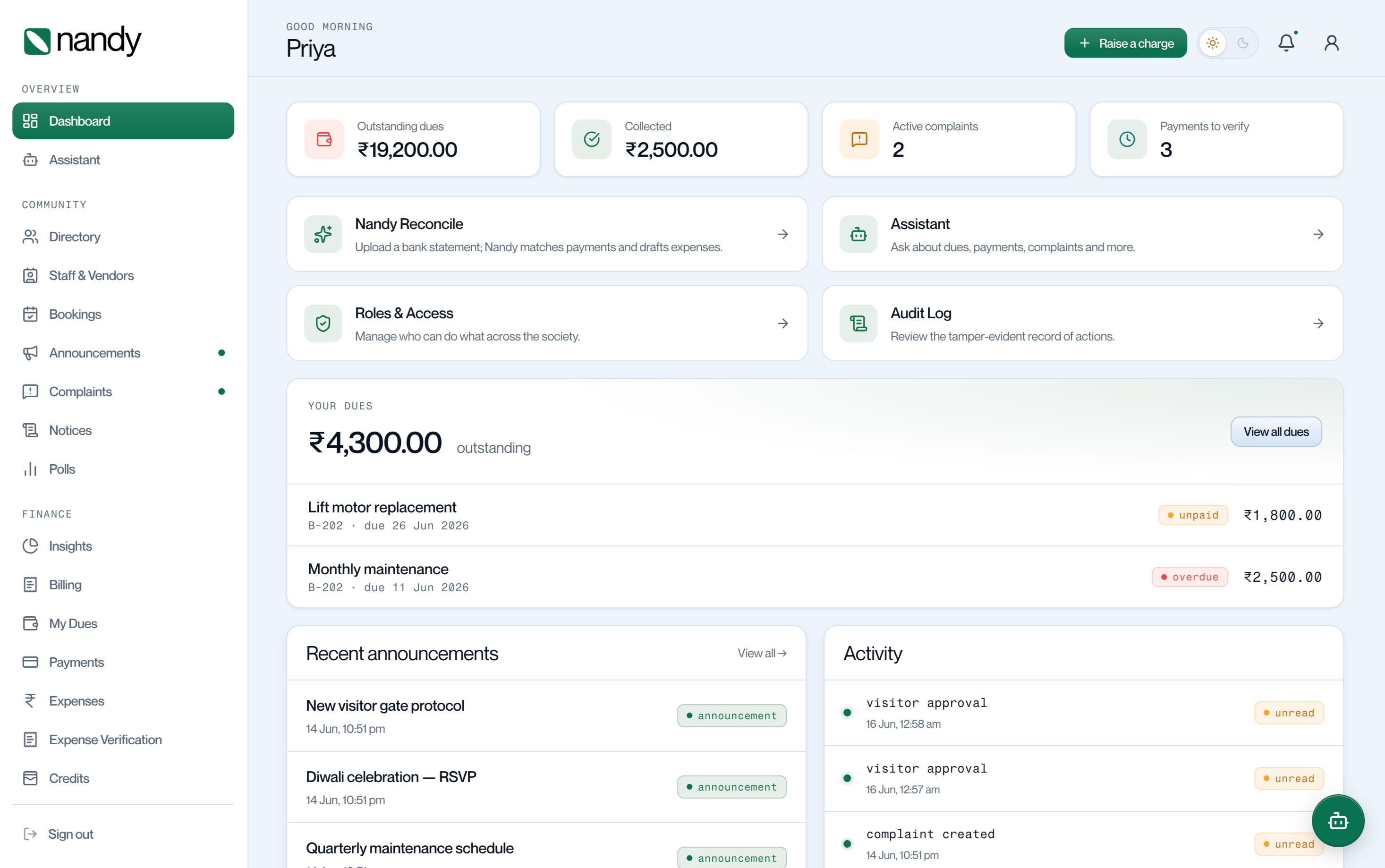 Nandy AI officer dashboard with dues, collections, complaints, tools, announcements and activity, screenshot of the NandyAI product